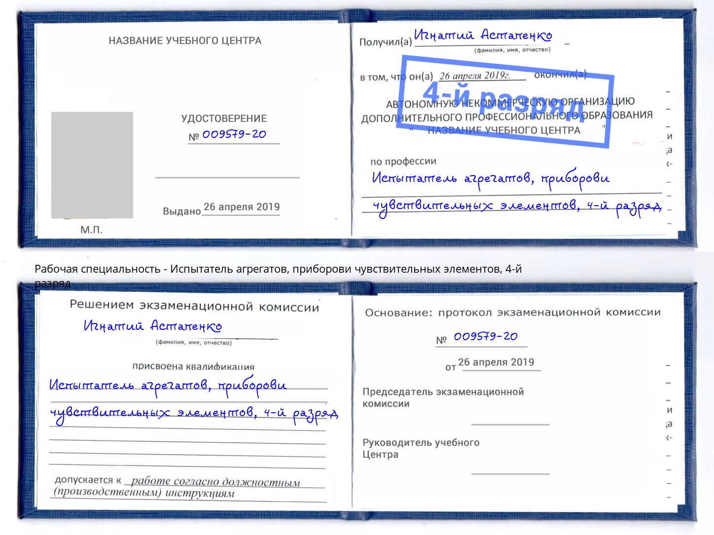 корочка 4-й разряд Испытатель агрегатов, приборови чувствительных элементов Реж