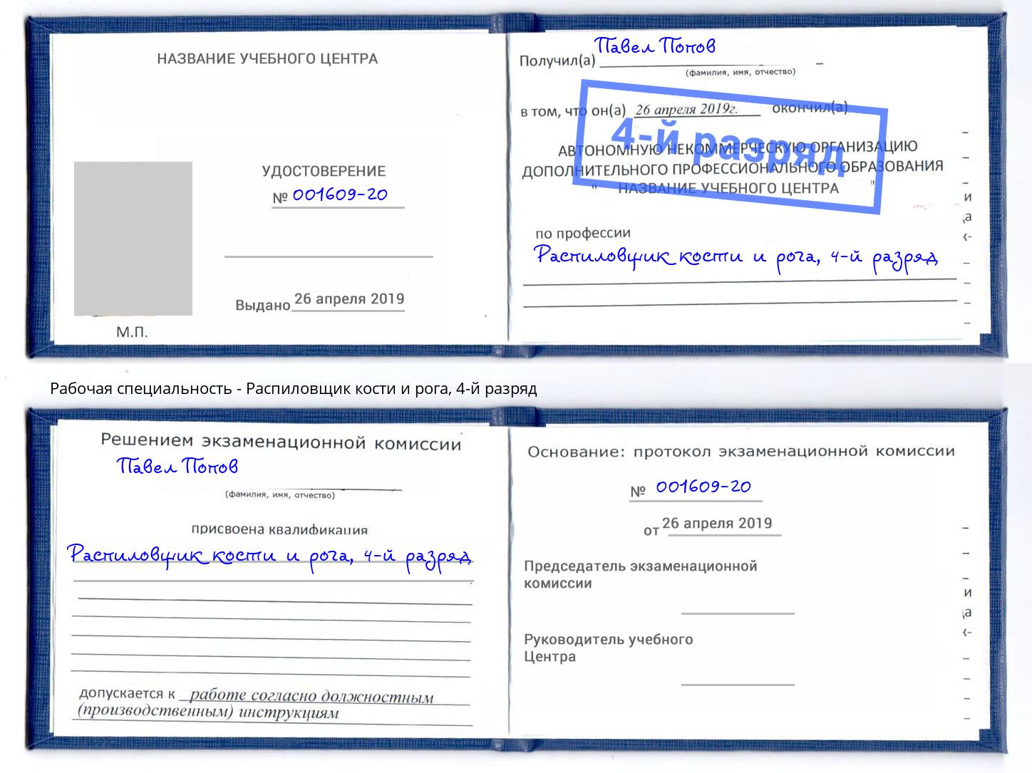 корочка 4-й разряд Распиловщик кости и рога Реж