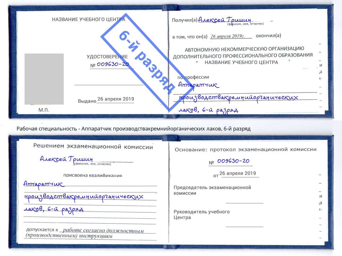 корочка 6-й разряд Аппаратчик производствакремнийорганических лаков Реж