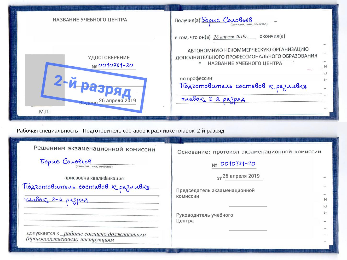 корочка 2-й разряд Подготовитель составов к разливке плавок Реж
