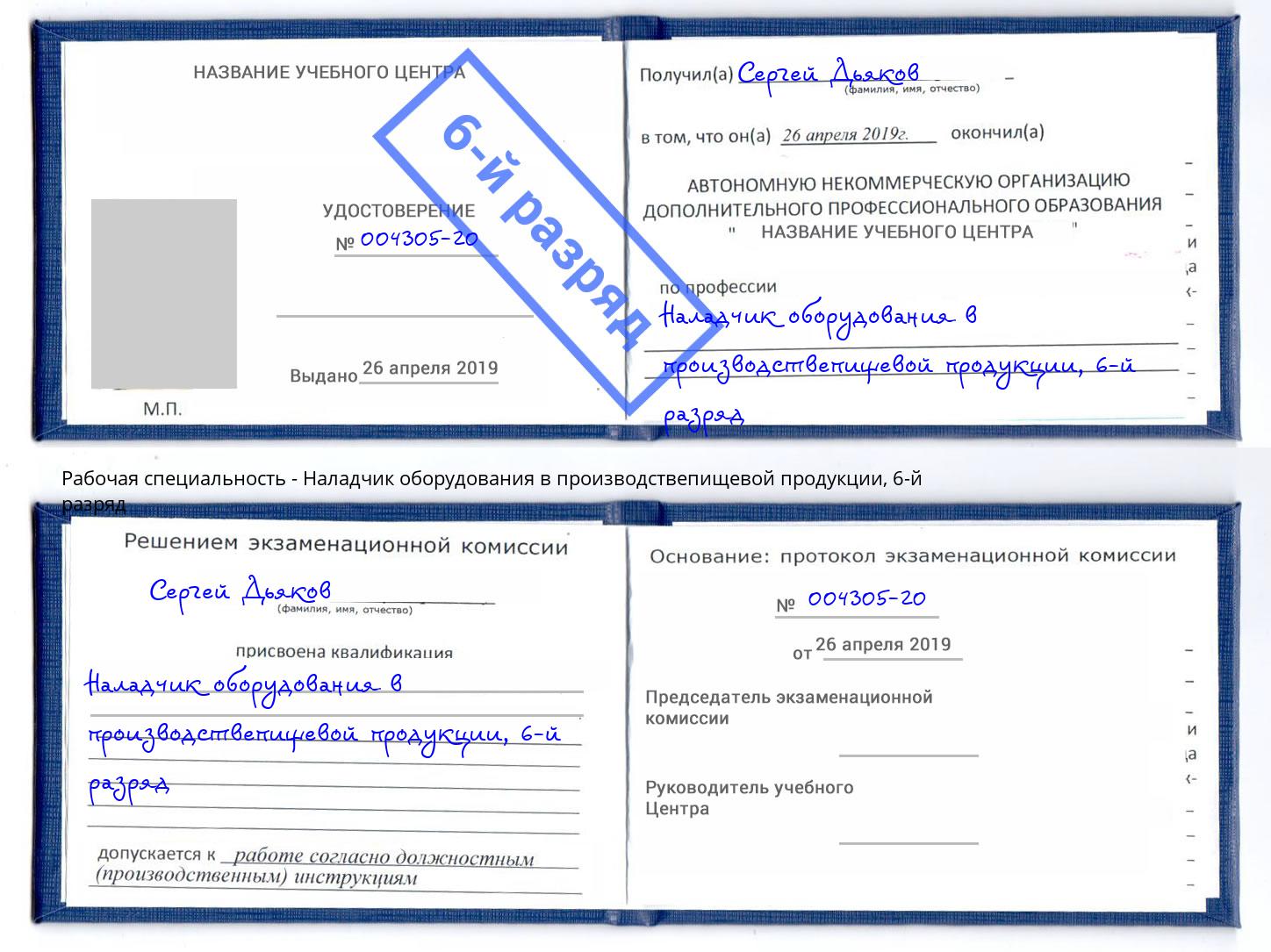 корочка 6-й разряд Наладчик оборудования в производствепищевой продукции Реж