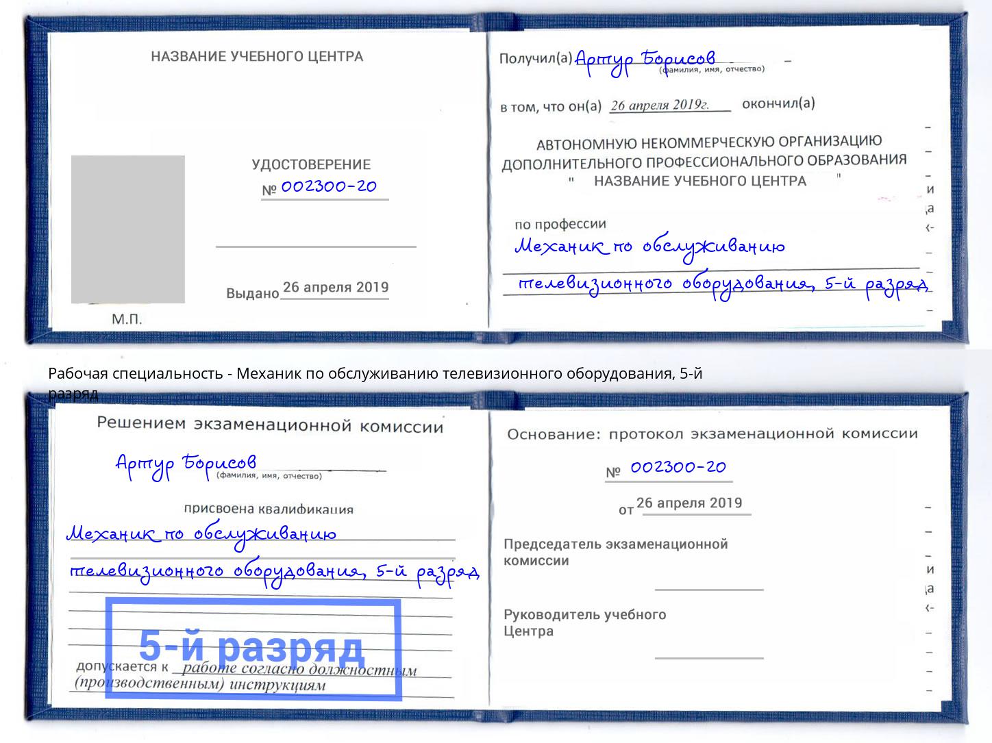 корочка 5-й разряд Механик по обслуживанию телевизионного оборудования Реж