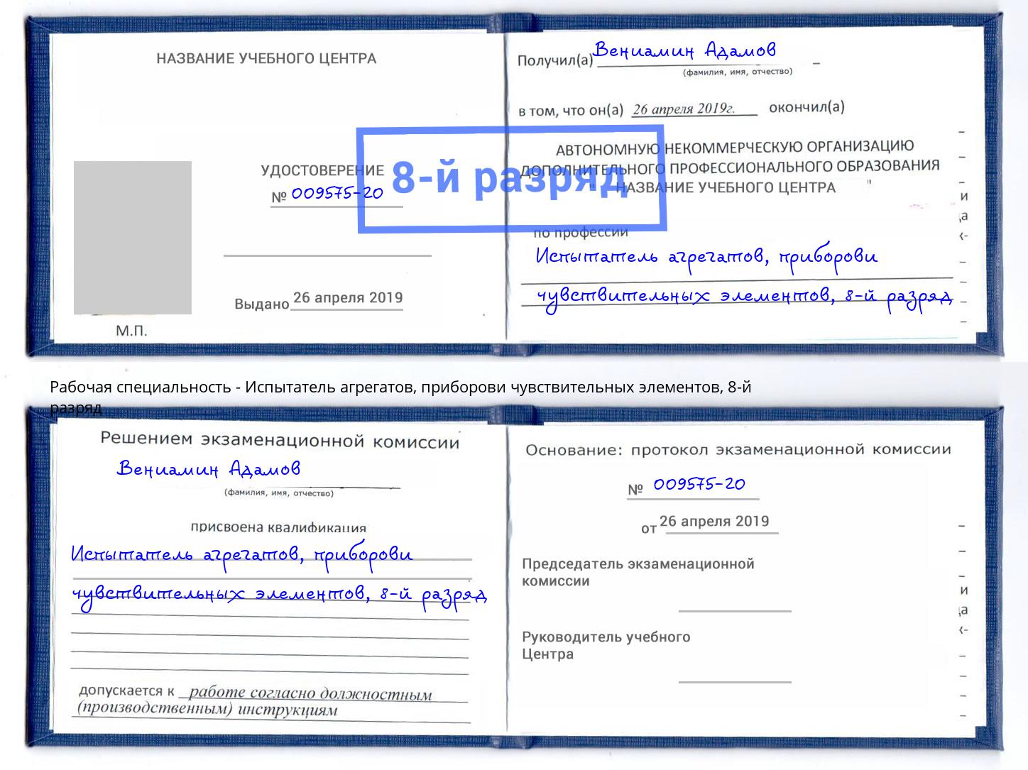 корочка 8-й разряд Испытатель агрегатов, приборови чувствительных элементов Реж